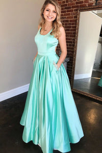 Unique Green Satin Long Prom Dresses with Pocket, Long Green Formal Graduation Evening Dresses