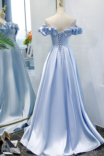Unique Off Shoulder Blue Satin Long Prom Dresses, Long Blue Formal Graduation Evening Dresses