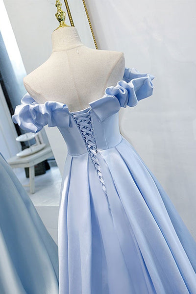 Unique Off Shoulder Blue Satin Long Prom Dresses, Long Blue Formal Graduation Evening Dresses