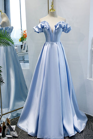 Unique Off Shoulder Blue Satin Long Prom Dresses, Long Blue Formal Graduation Evening Dresses