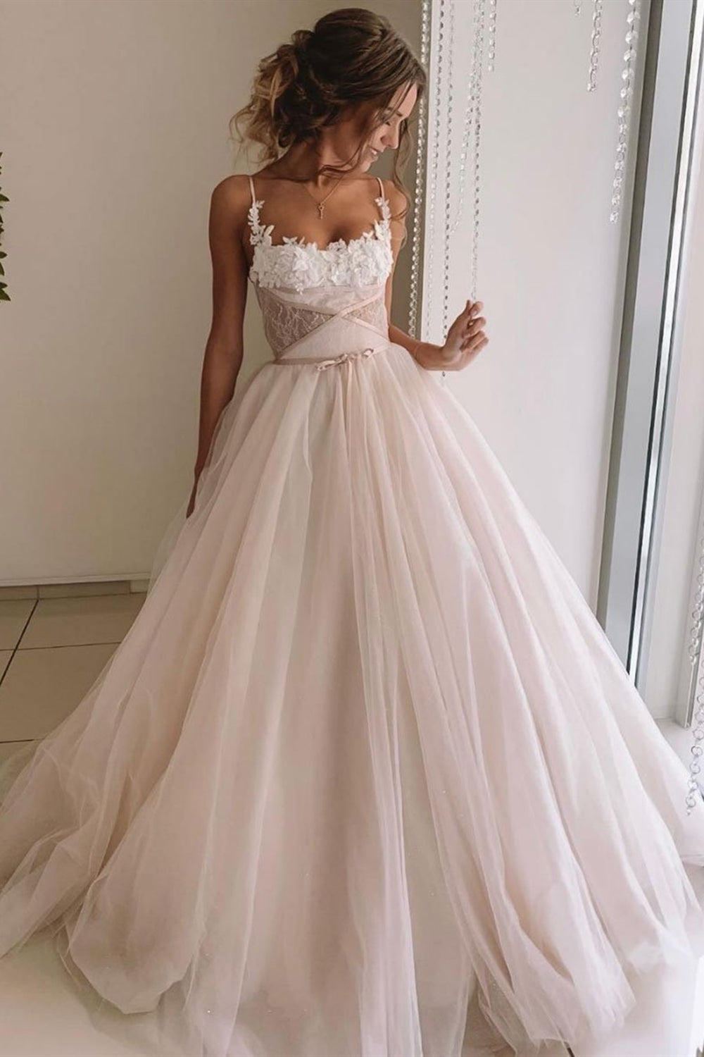 Unique Pink Lace Long Prom Dresses, Pink Lace Formal Graduation Evening Dresses