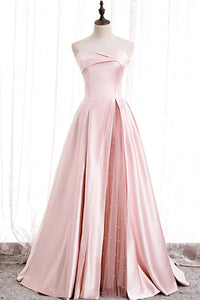 Unique Strapless Pink Satin Long Prom Dresses, Beaded Pink Formal Graduation Evening Dresses