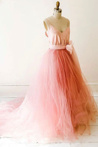 Unique V Neck Coral Tulle Long Prom Dresses, V Neck Coral Formal Dresses, Coral Evening Dresses