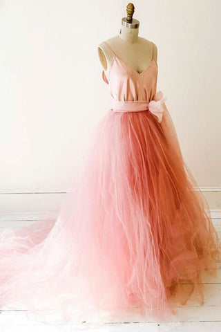 Unique V Neck Coral Tulle Long Prom Dresses, V Neck Coral Formal Dresses, Coral Evening Dresses