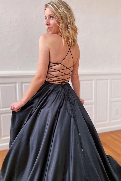 V Neck Backless Black Satin Long Prom Dresses, Backless Black Formal Dresses, Black Evening Dresses