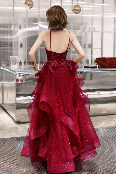 V Neck Backless Burgundy Lace Long Prom Dresses, Burgundy Lace Formal Dresses, Burgundy Evening Dresses