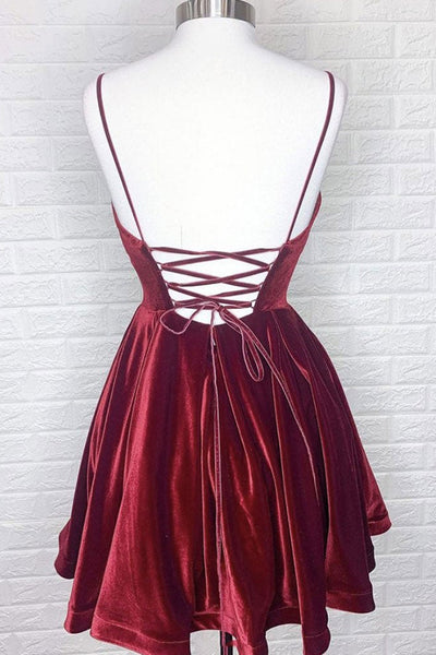 V Neck Backless Burgundy Velvet Short Prom Dresses, Backless Burgundy Homecoming Dresses, Burgundy Formal Evening Dresses