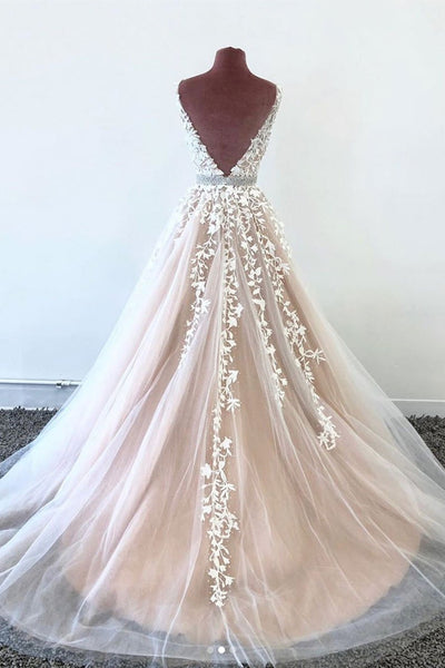 V Neck Backless Champagne Lace Long Prom Dresses with Belt, Champagne Lace Formal Wedding Dresses, Champagne Party Dresses