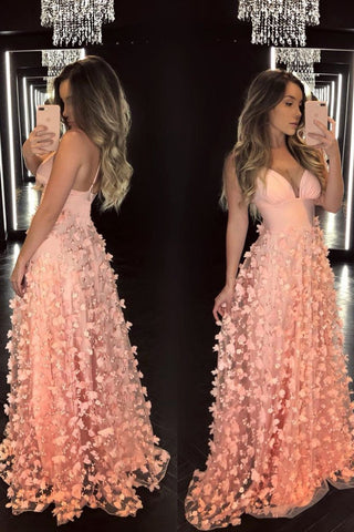 V Neck Backless Pink Long Prom Dresses with Flowers, Pink Floral Formal Dresses, V Neck Pink Evening Dresses