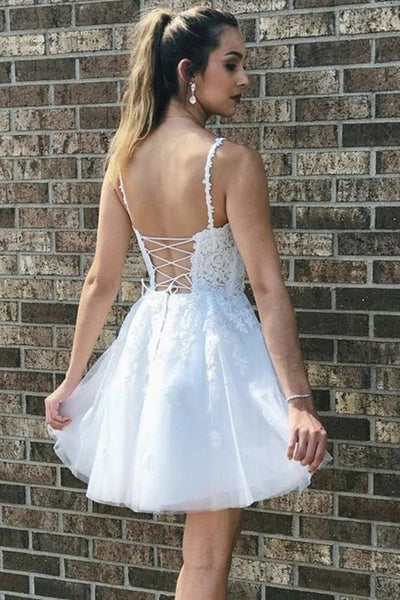 V Neck Backless White Lace Short Prom Dresses, Open Back White Homecoming Dresses, White Lace Formal Evening Dresses