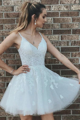 V Neck Backless White Lace Short Prom Dresses, Open Back White Homecoming Dresses, White Lace Formal Evening Dresses