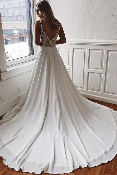 V Neck Backless White Long Prom Dresses with Lace Back, Backless White Wedding Dresses, White Formal Graduation Evening Dresses