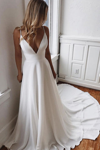 V Neck Backless White Long Prom Dresses with Lace Back, Backless White Wedding Dresses, White Formal Graduation Evening Dresses