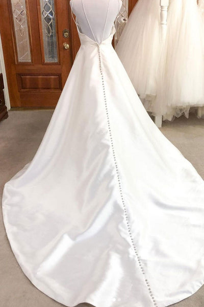 V Neck Backless White Satin Long Prom Dresses, V Neck White Formal Dresses, White Evening Dresses