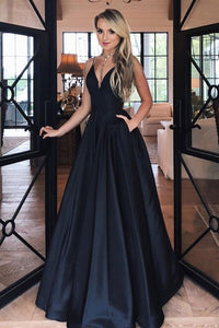 V Neck Black Satin Long Prom Dresses with Pocket, V Neck Black Formal Evening Dresses