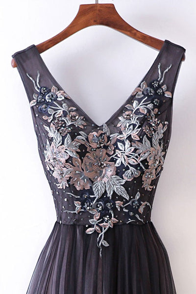 V Neck Black Tulle Long Prom Dresses with Lace Appliques, Black Floral Long Formal Graduation Evening Dresses
