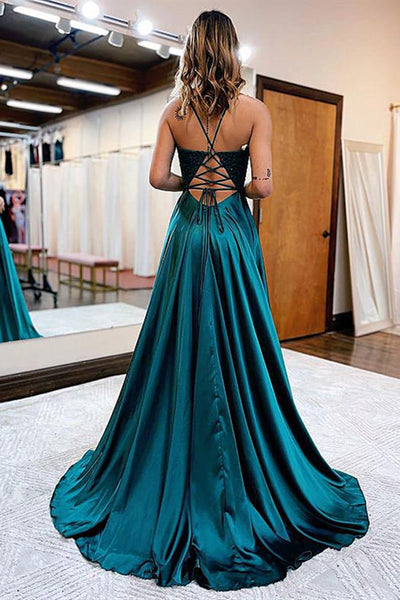 V Neck Blue Green Lace Prom Dresses, Blue Green Lace Formal Graduation Dresses