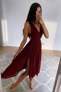 V Neck Burgundy Tea Length Prom Dresses with High Slit, V Neck Burgundy Homecoming Formal Evening Dresses