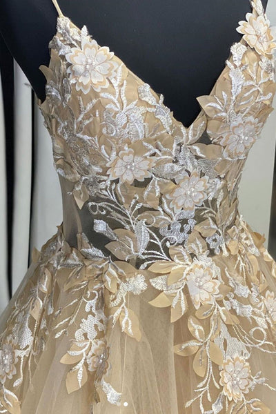 V Neck Champagne Lace Appliques Long Prom Dresses, Champagne Lace Formal Dresses, Champagne Floral Evening Dresses