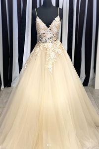 V Neck Champagne Lace Appliques Long Prom Dresses, Champagne Lace Formal Dresses, Champagne Floral Evening Dresses