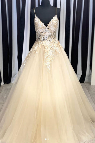 V Neck Champagne Lace Appliques Long Prom Dresses, Champagne Lace Formal Dresses, Champagne Floral Evening Dresses