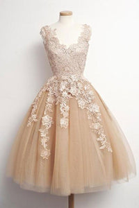 V Neck Champagne Lace Tulle Short Prom Homecoming Dresses, Champagne Lace Formal Graduation Evening Dresses