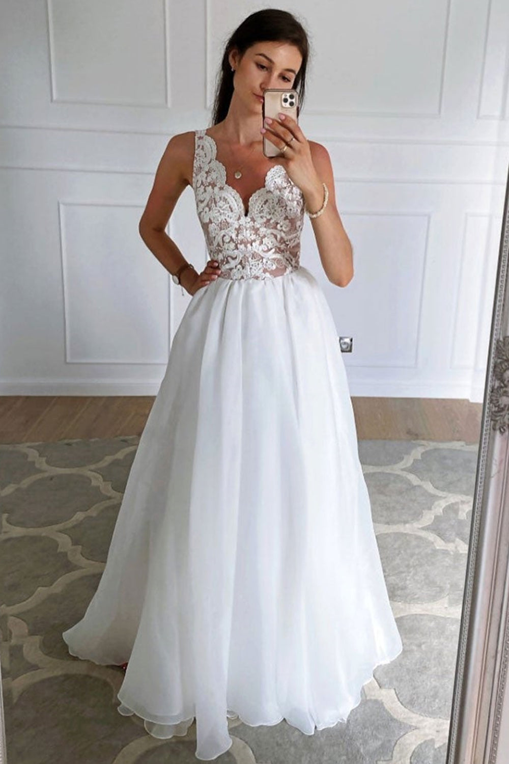 V Neck Floor Length White Lace Long Prom Dresses, White Lace Formal Dresses, White Evening Dresses