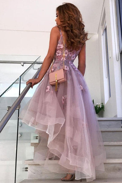 V Neck High Low Purple Floral Prom Dresses, V Neck Purple Homecoming Dresses, Purple Formal Evening Dresses with Flowers