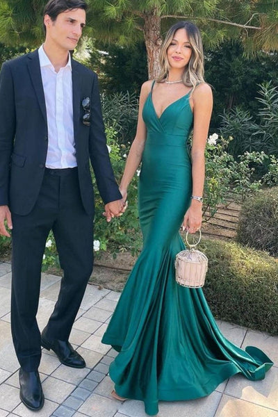 V Neck Mermaid Backless Green Long Prom Dresses, Mermaid Green Formal Dresses, Backless Green Evening Dresses