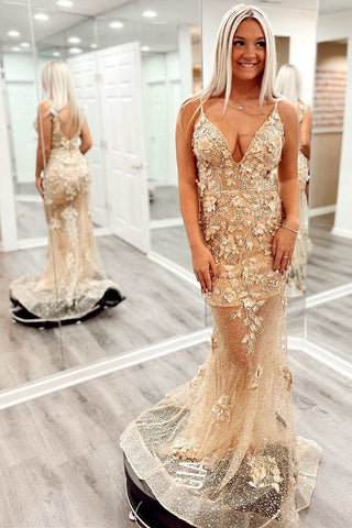 V Neck Mermaid Champagne Lace Floral Long Prom Dresses, Mermaid Champagne Formal Dresses, Champagne Lace Evening Dresses WT1109