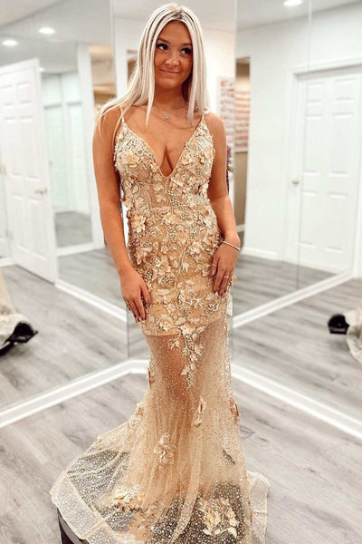 V Neck Mermaid Champagne Lace Floral Long Prom Dresses, Mermaid Champagne Formal Dresses, Champagne Lace Evening Dresses WT1109