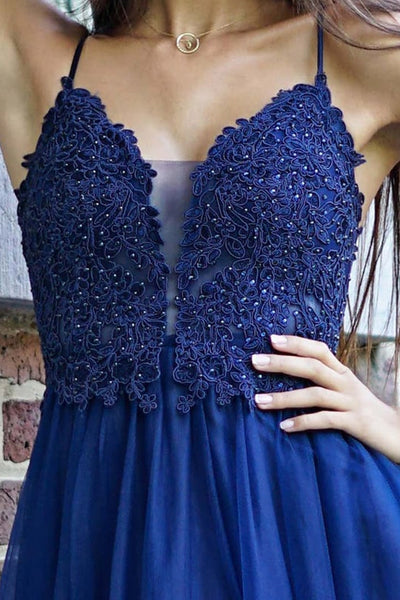 V Neck Navy Blue Lace Beaded Long Prom Dresses, Floor Length Navy Blue Formal Dresses, Navy Blue Lace Evening Dresses