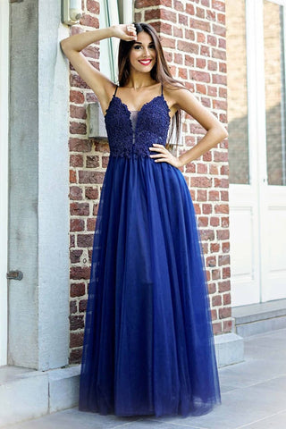 V Neck Navy Blue Lace Beaded Long Prom Dresses, Floor Length Navy Blue Formal Dresses, Navy Blue Lace Evening Dresses