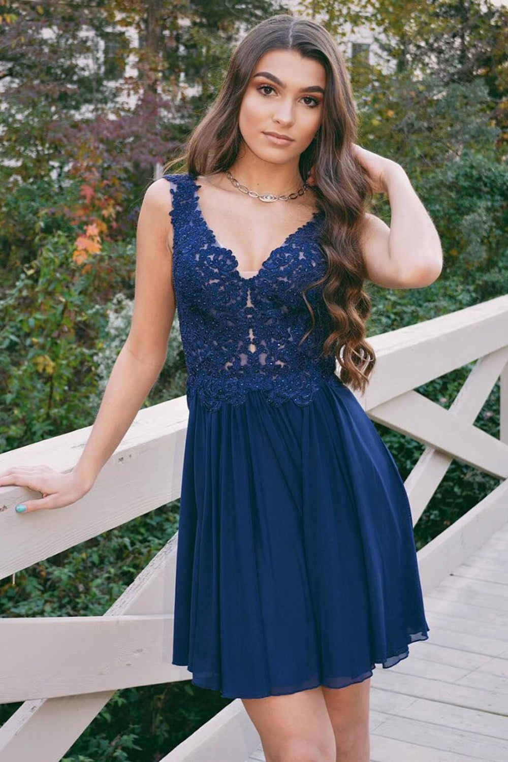 V Neck Navy Blue Lace Short Prom Dresses, Navy Blue Lace Homecoming Dresses, Navy Blue Formal Graduation Evening Dresses
