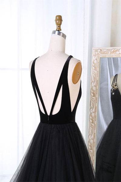 V Neck Open Back Black Tulle Long Prom Dresses, V Neck Black Formal Dresses, Black Evening Dresses