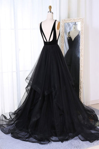 V Neck Open Back Black Tulle Long Prom Dresses, V Neck Black Formal Dresses, Black Evening Dresses