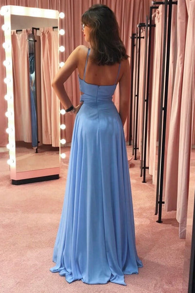 V Neck Open Back Blue Chiffon Long Prom Dresses, V Neck Blue Bridesmaid Dresses, Blue Formal Dresses