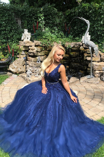 V Neck Open Back Blue Lace Long Prom Dresses, Backless Blue Lace Formal Dresses, Blue Lace Evening Dresses