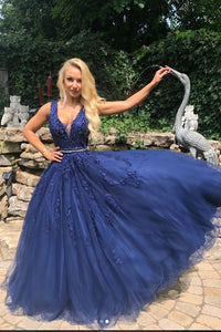 V Neck Open Back Blue Lace Long Prom Dresses, Backless Blue Lace Formal Dresses, Blue Lace Evening Dresses