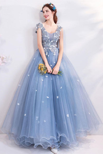 V Neck Open Back Blue Lace Long Prom Dresses, Blue Lace Formal Dresses, Blue Evening Dresses