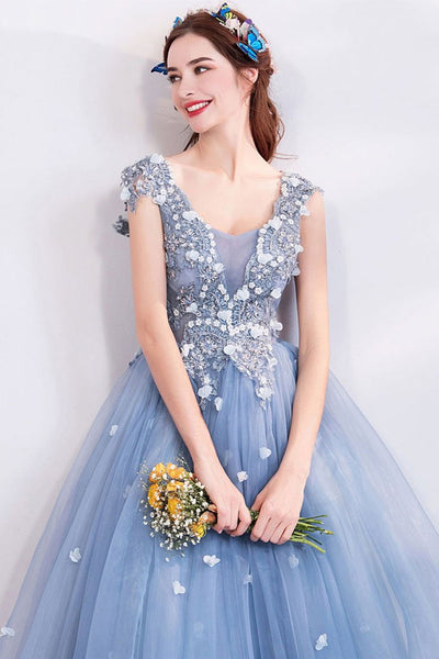 V Neck Open Back Blue Lace Long Prom Dresses, Blue Lace Formal Dresses, Blue Evening Dresses