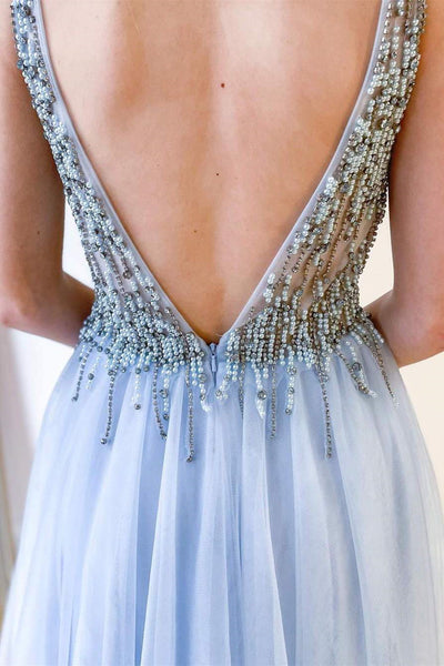 V Neck Open Back Blue Tulle Beaded Long Prom Dresses, V Neck Blue Formal Dresses, Beaded Blue Evening Dresses