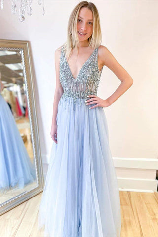 V Neck Open Back Blue Tulle Beaded Long Prom Dresses, V Neck Blue Formal Dresses, Beaded Blue Evening Dresses