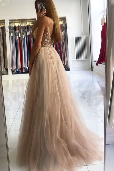 V Neck Open Back Champagne Beaded Long Prom Dresses, Champagne Beaded Formal Dresses, Champagne Evening Dresses