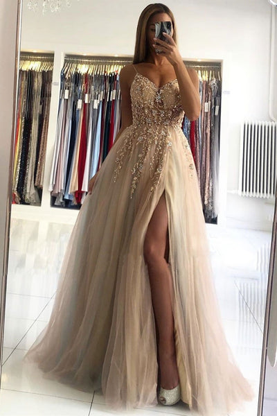 V Neck Open Back Champagne Beaded Long Prom Dresses, Champagne Beaded Formal Dresses, Champagne Evening Dresses