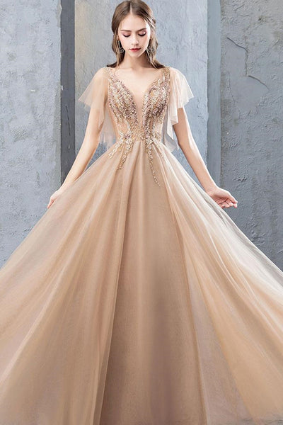 V Neck Open Back Champagne Lace Long Prom Dresses, Champagne Lace Formal Dresses, Champagne Evening Dresses