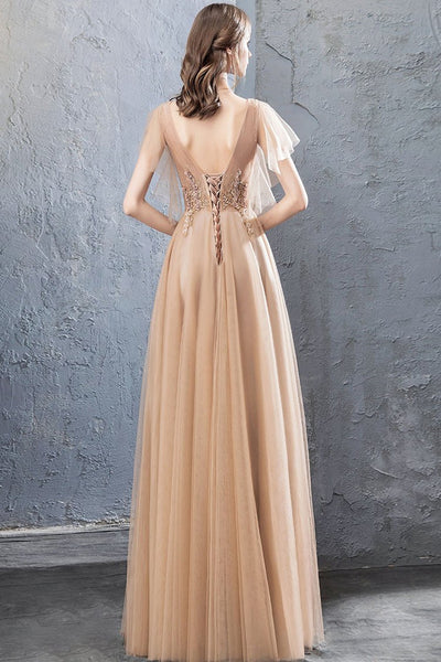 V Neck Open Back Champagne Lace Long Prom Dresses, Champagne Lace Formal Dresses, Champagne Evening Dresses