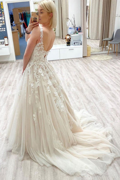 V Neck Open Back Champagne Lace Long Prom Dresses, Champagne Lace Formal Dresses, V Neck Champagne Evening Dresses