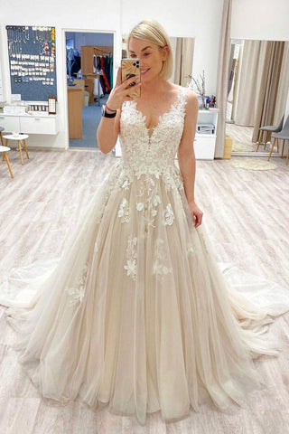 V Neck Open Back Champagne Lace Long Prom Dresses, Champagne Lace Formal Dresses, V Neck Champagne Evening Dresses