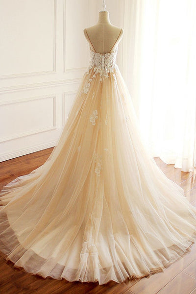 V Neck Open Back Champagne Tulle Lace Long Prom Dresses, V Neck Champagne Formal Dresses, Champagne Lace Evening Dresses